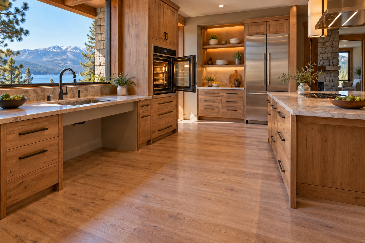 Rendering of an accessible kitchen with seated work area and clear circulation