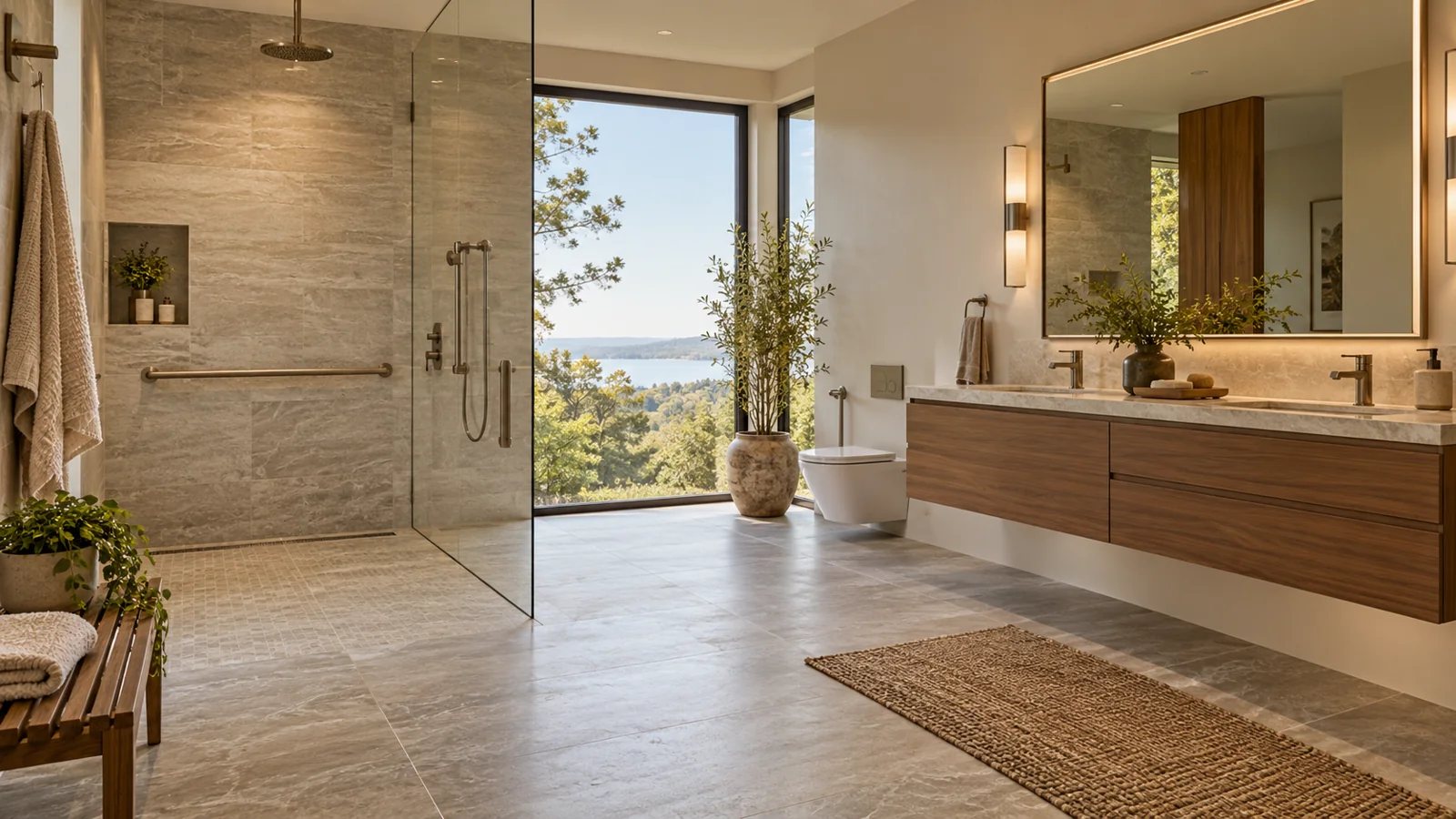 Rendering of an accessible bathroom with curbless shower and grab bars