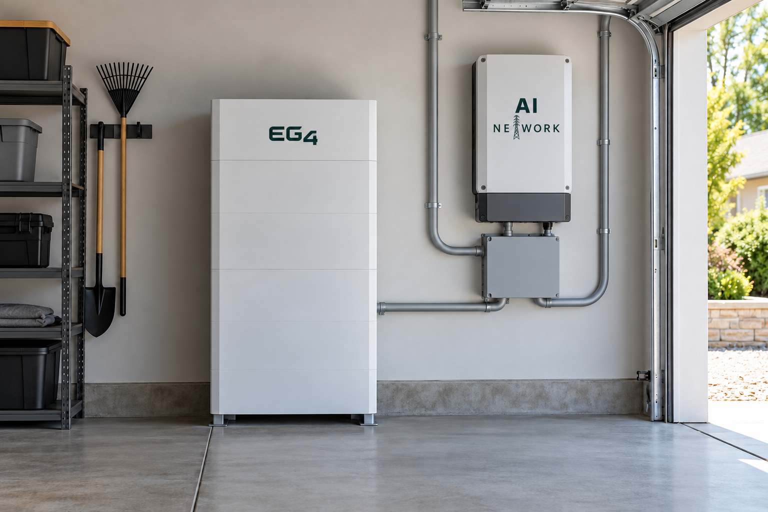 Rendering of an EG4 labeled home battery and AI Network labeled inverter in a garage