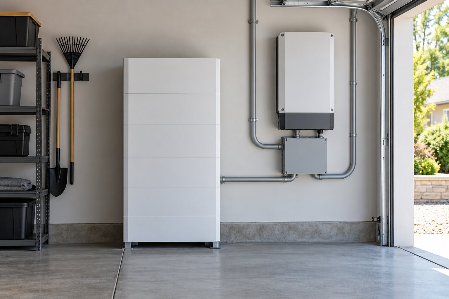 Rendering of a residential backup battery and related electrical equipment