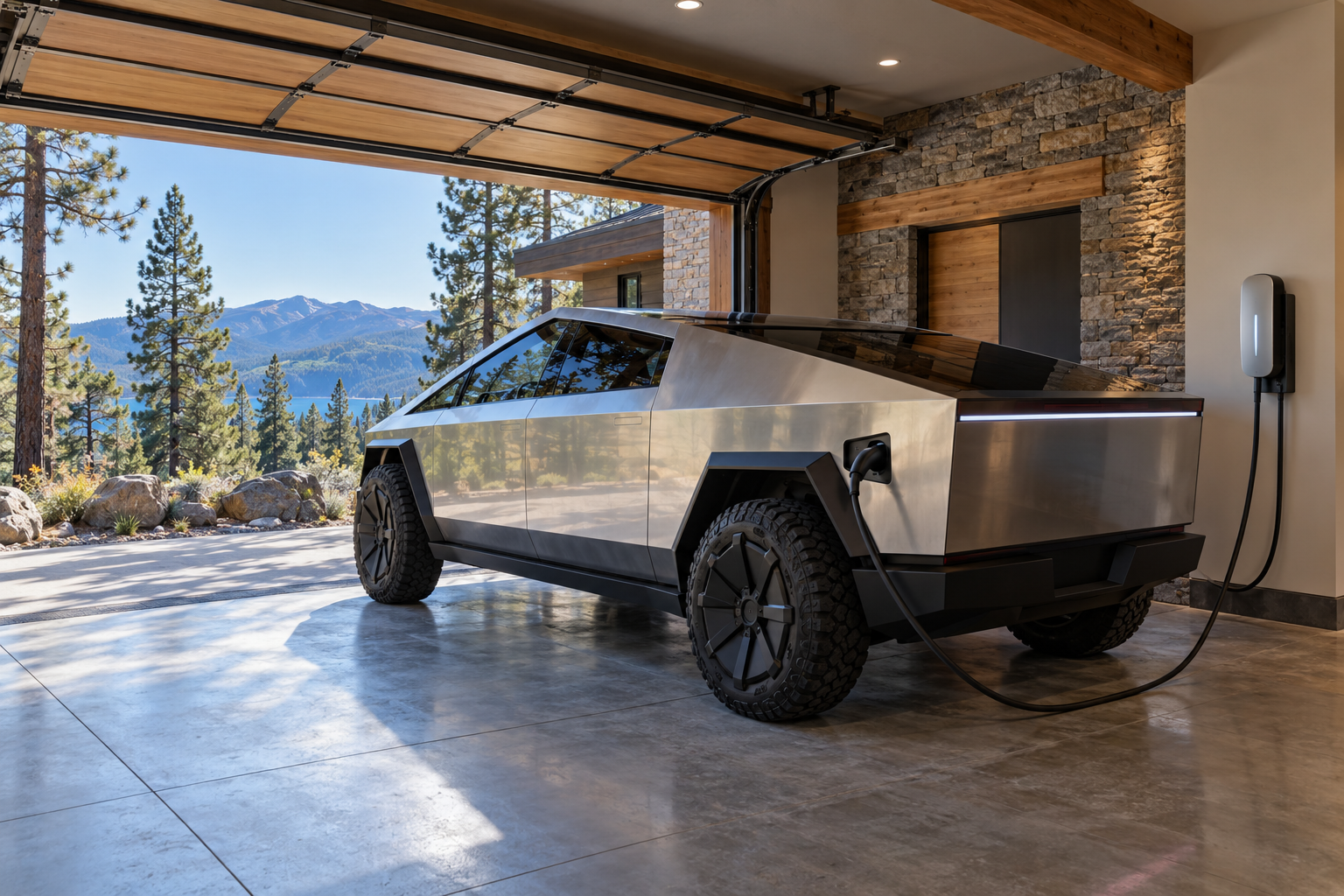 Rendering of a Cybertruck charging in a mountain home garage