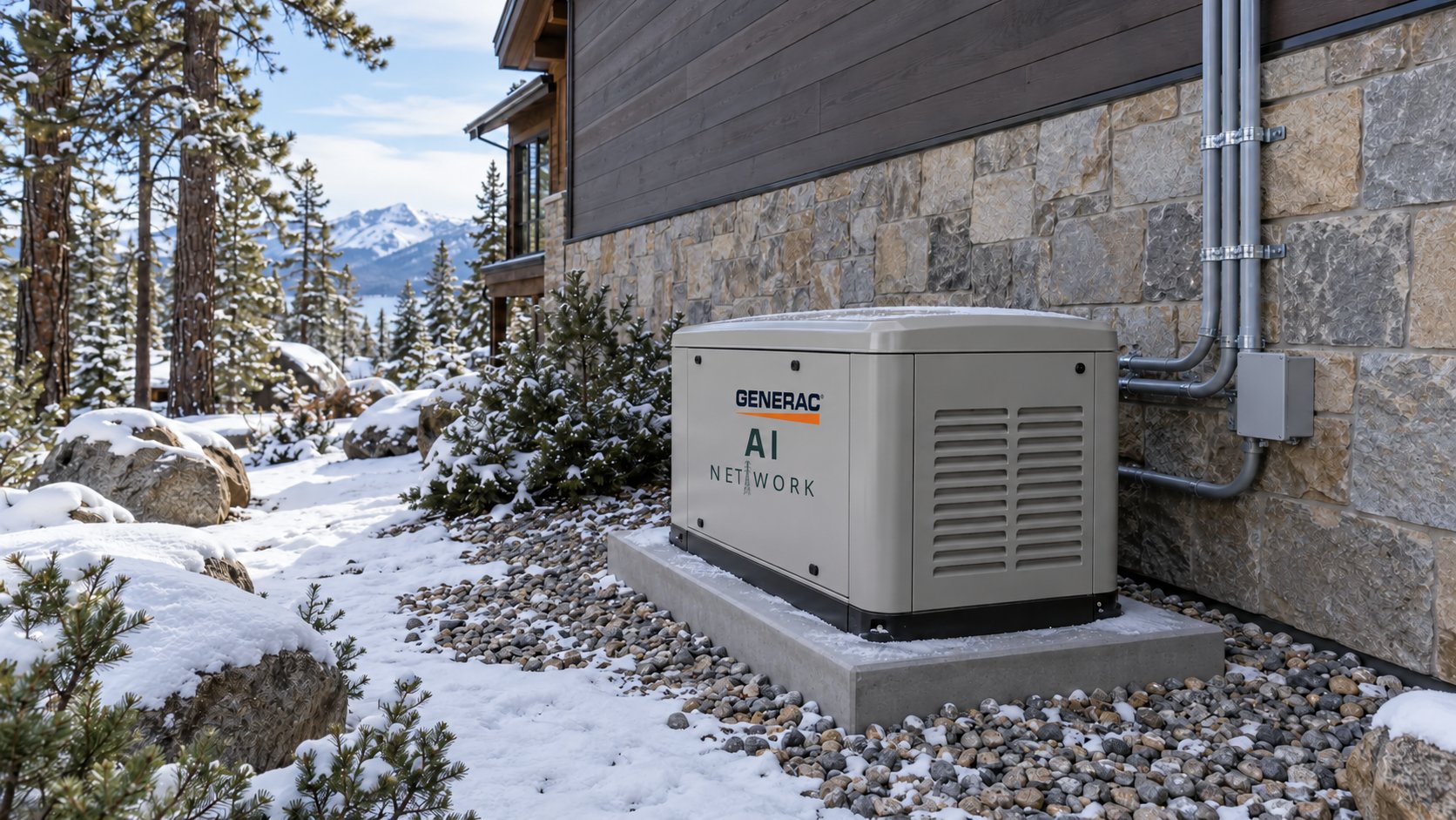 Rendering of a residential Generac standby generator with AI Network branding beside a mountain home